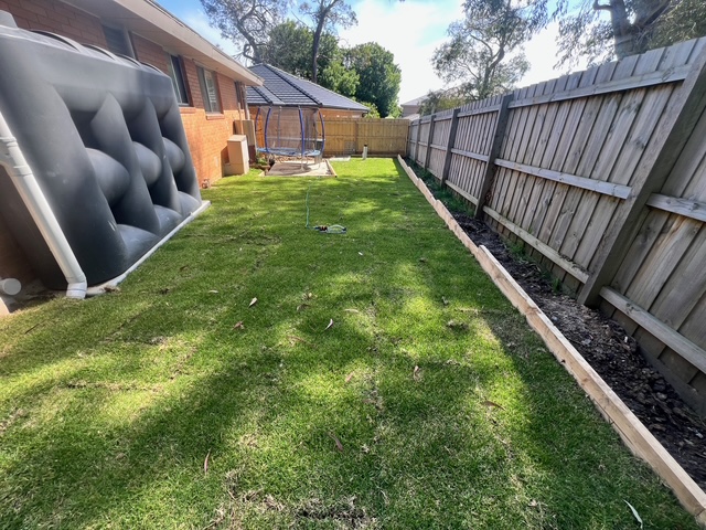 Finished real turf backyard with clean garden edging