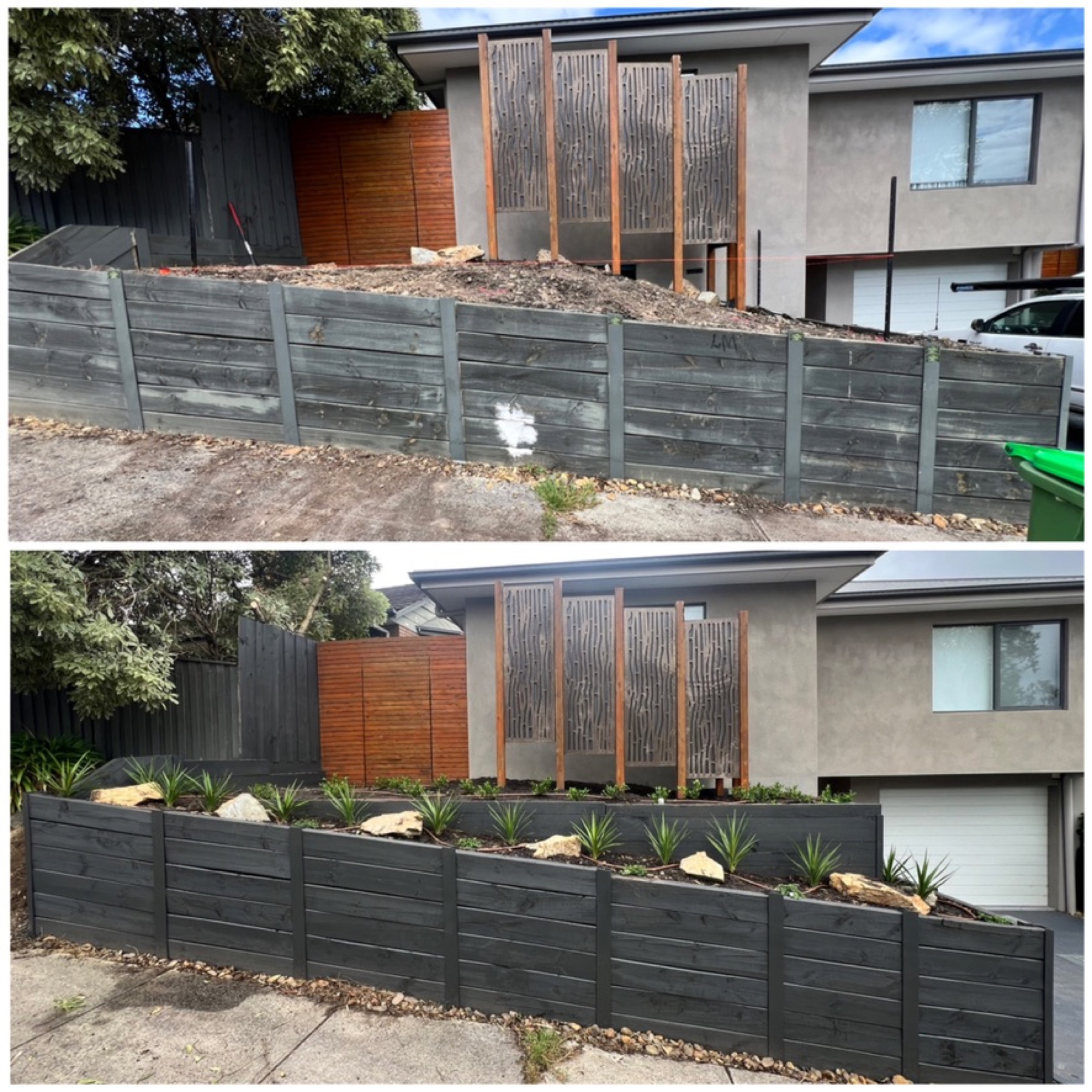 Before and after retaining wall and planting transformation.